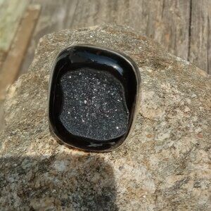 Druzy Black Tourmaline Adjustable 925 Silver Statement Ring